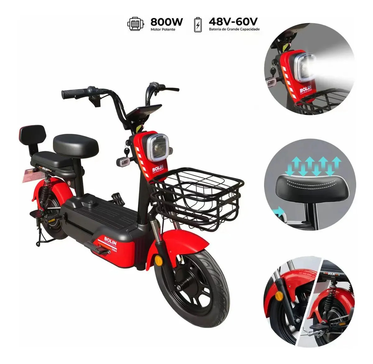 Imagem 1 de 12 de Bicicleta Elétrica 1994 com bateria de lítio de 800W 48-60V 21Ah Bateria de Removível e Pneu 14” Subida de 25° Alarme Amortecedores Dianteiros e Traseiros Assistência ao Pedal Cesto Frontal