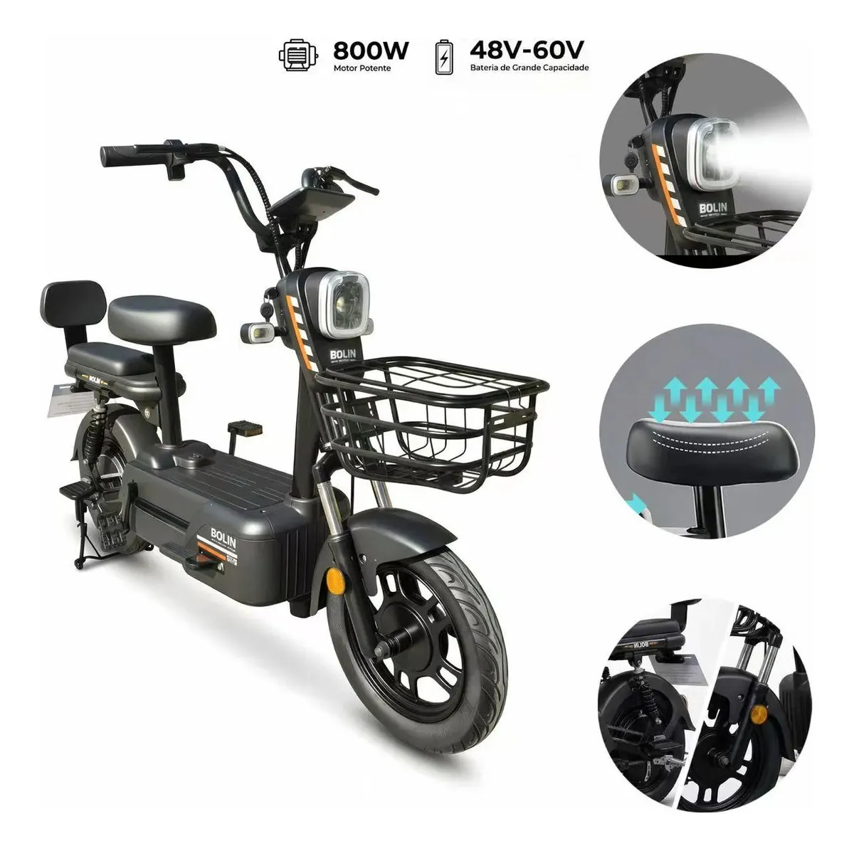Imagem 1 de 11 de Bicicleta Elétrica 800W 48-60V 20Ah c/ Bateria de lítio Removível e Pneu 14” Autonomia de 63km Subida de 25° Alarme Equipado com Cesto Frontal e Painel de Instrumentos Totalmente Digital